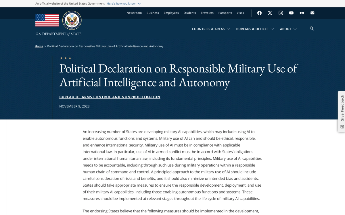 State Department page for the Political Declaration on Responsible Military Use of Artificial Intelligence and Autonomy, dated November 9 2023, showing the opening paragraph about accountable military use of AI