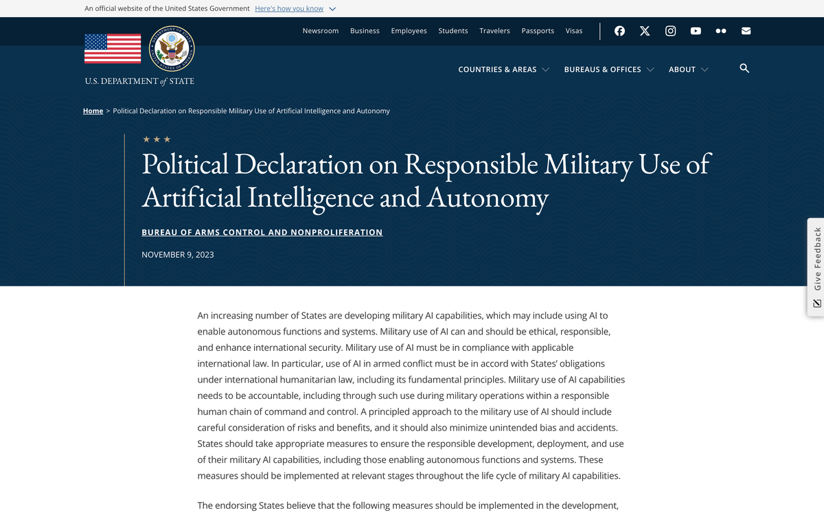 State Department page for the Political Declaration on Responsible Military Use of Artificial Intelligence and Autonomy, dated November 9 2023, showing the opening paragraph about accountable military use of AI