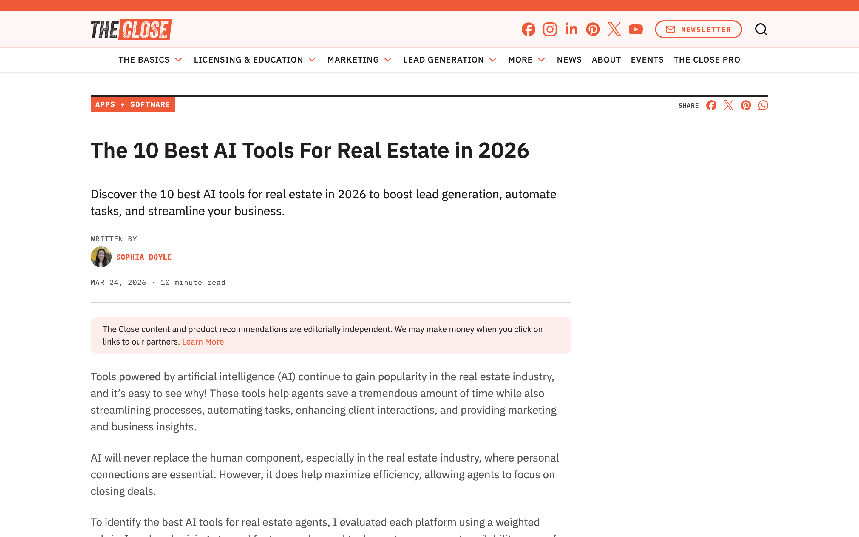 The Close guide showing best AI tools for real estate agents in 2026 with categories including lead generation, CRM, content, and valuation