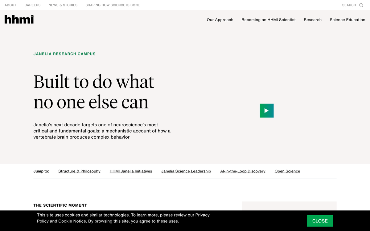 HHMI Janelia Research Campus homepage with the headline Built to do what no one else can and a jump link reading AI-in-the-Loop Discovery