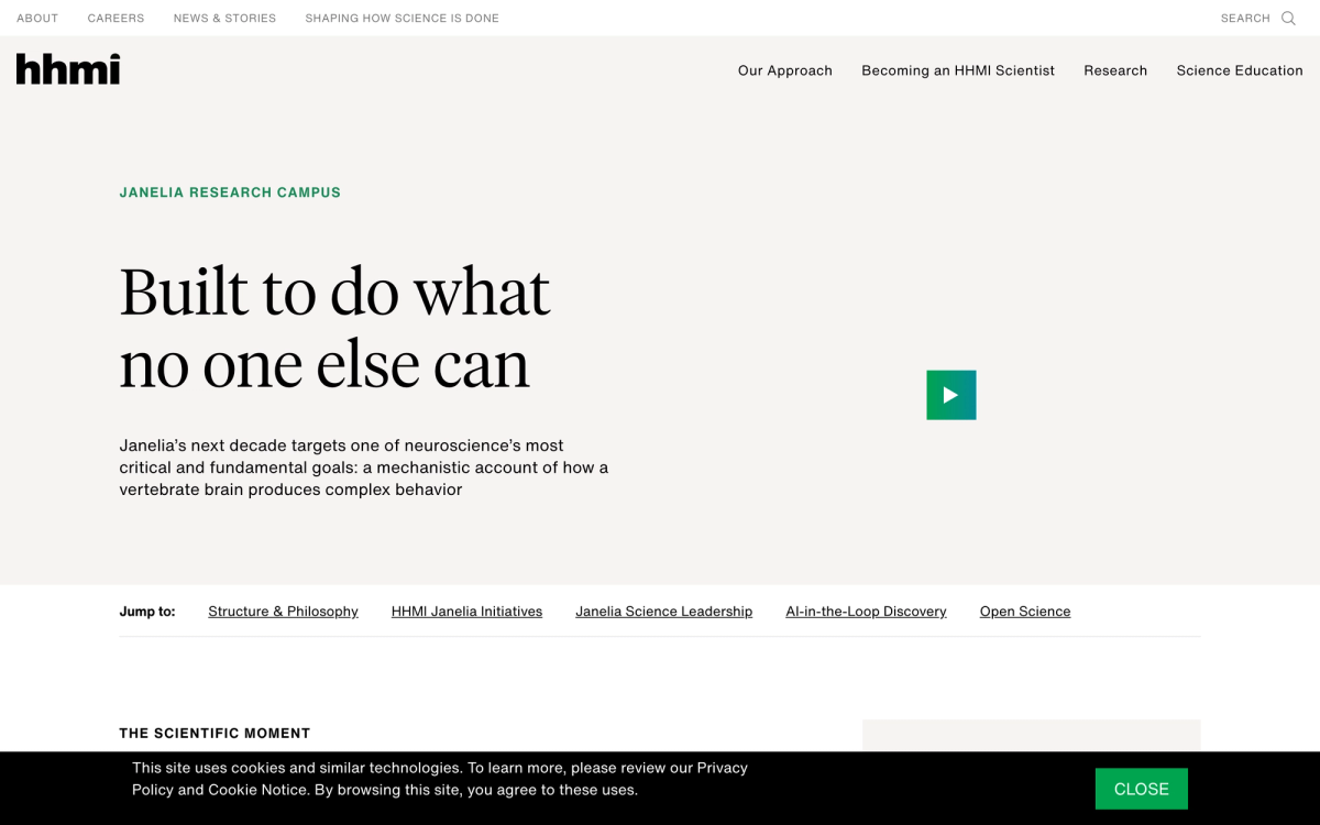 HHMI Janelia Research Campus homepage with the headline Built to do what no one else can and a jump link reading AI-in-the-Loop Discovery
