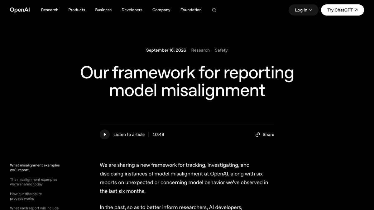 OpenAI blog post titled Our framework for reporting model misalignment, dated September 16, 2026, filed under Research and Safety