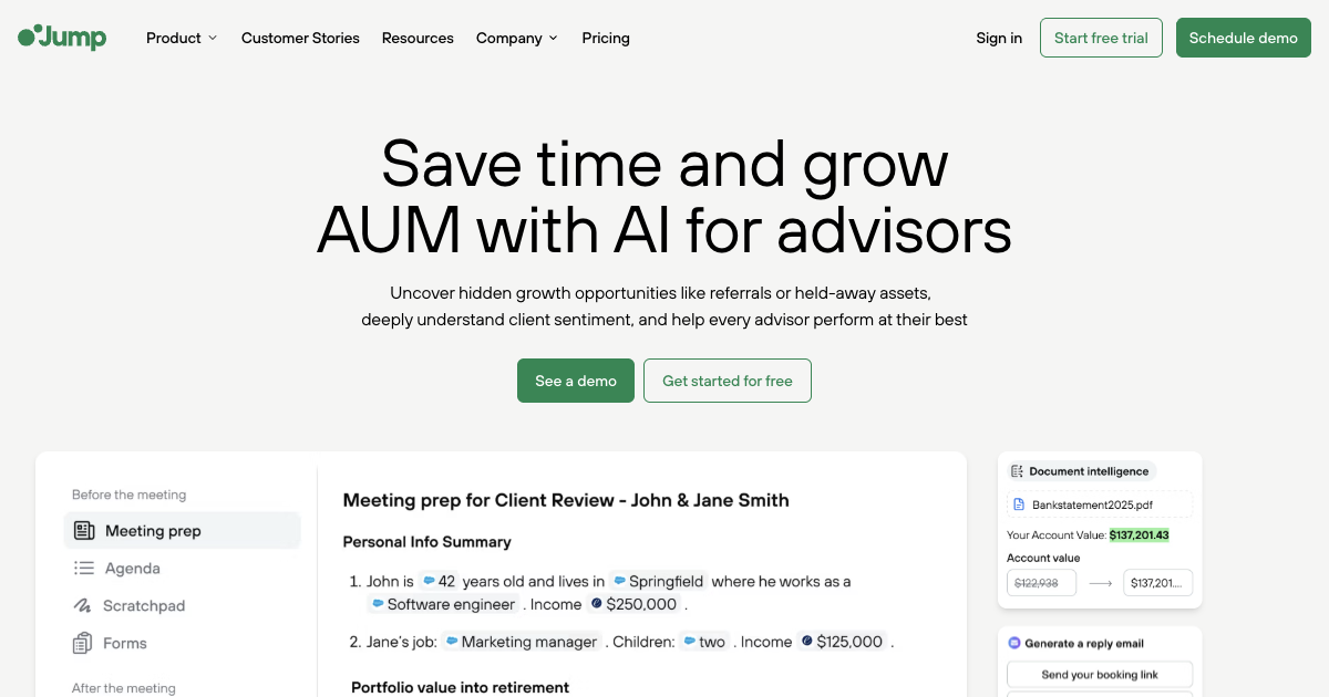 Jump AI homepage showing the AI operating system for financial advisors with CRM integrations