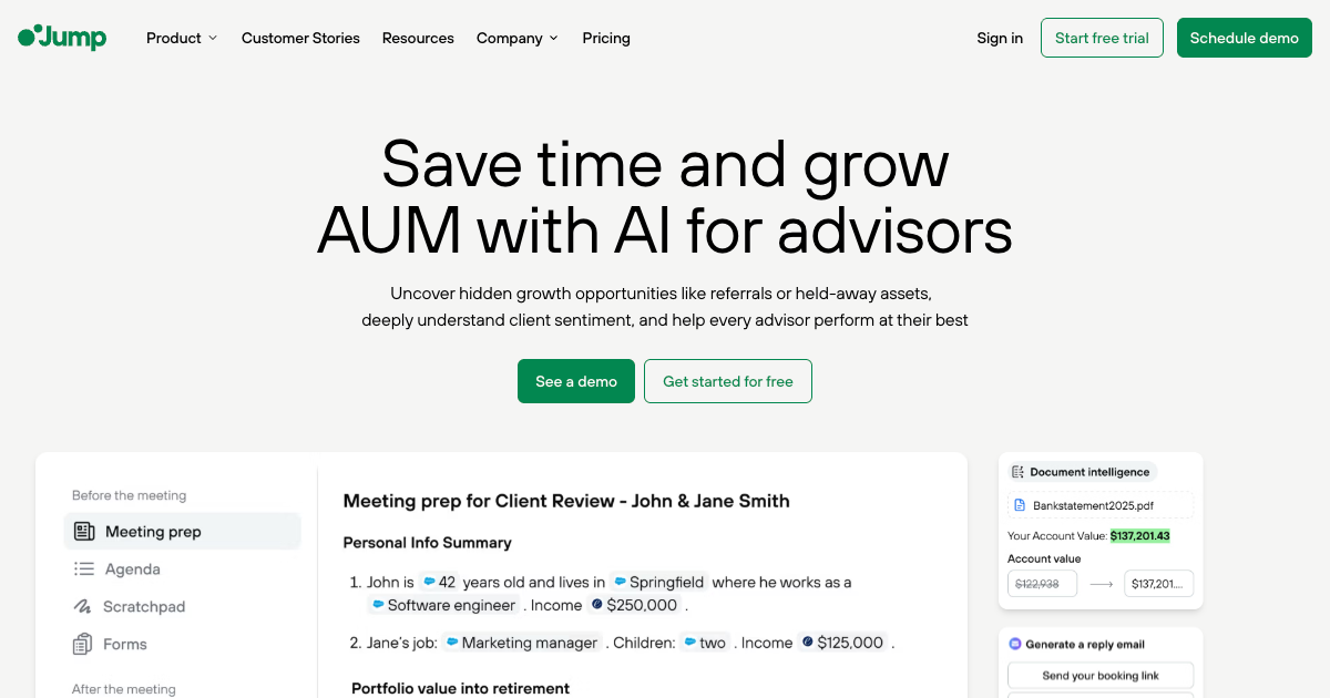 Jump AI homepage showing the AI operating system for financial advisors with CRM integrations