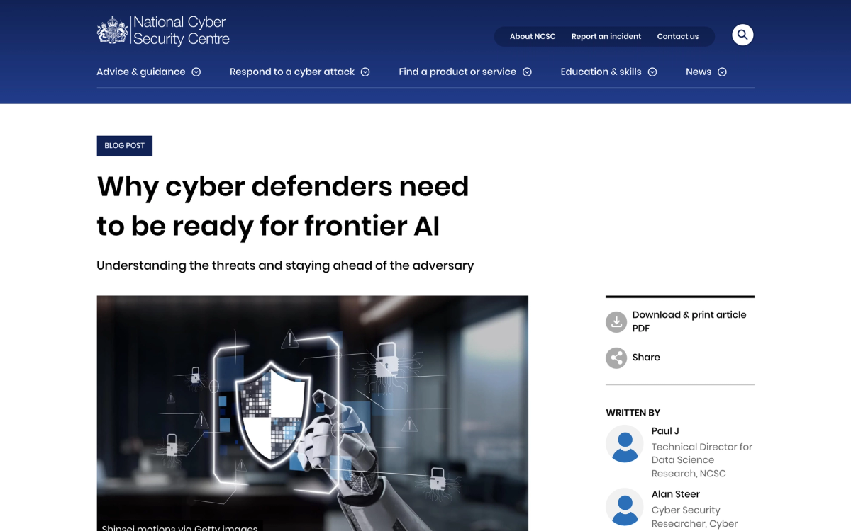 NCSC blog post headlined Why cyber defenders need to be ready for frontier AI, written by NCSC data science and cyber security researchers