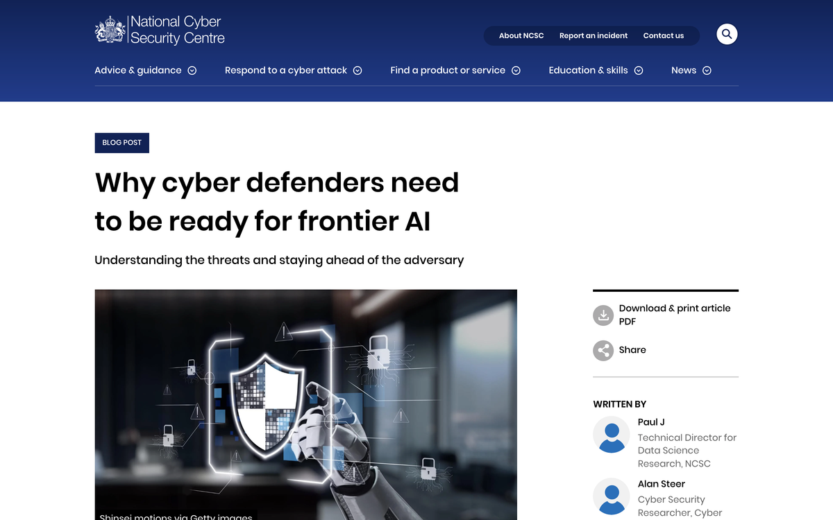 NCSC blog post headlined Why cyber defenders need to be ready for frontier AI, written by NCSC data science and cyber security researchers