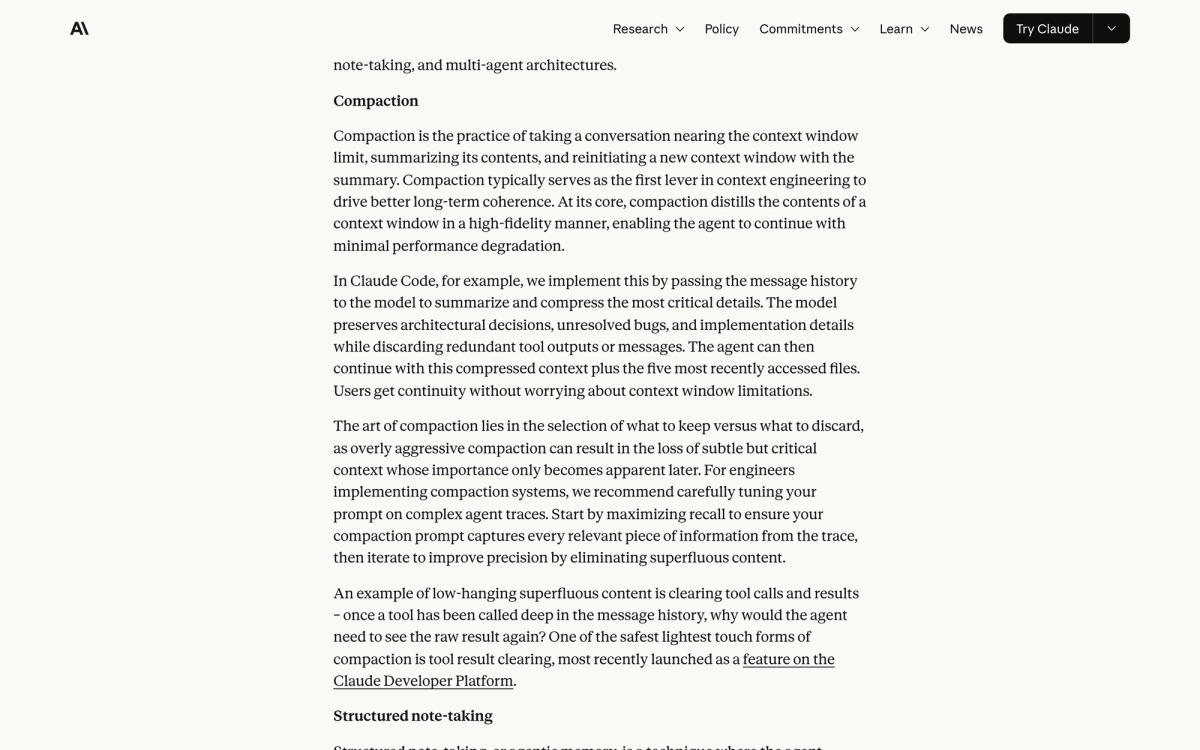 Anthropic engineering guide section on compaction, describing it as the first lever in context engineering and explaining how Claude Code summarizes message history