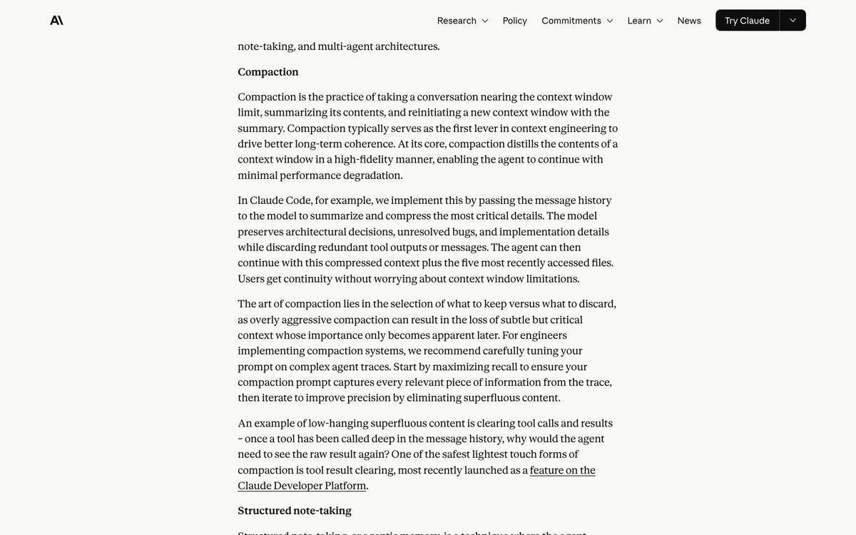 Anthropic engineering guide section on compaction, describing it as the first lever in context engineering and explaining how Claude Code summarizes message history