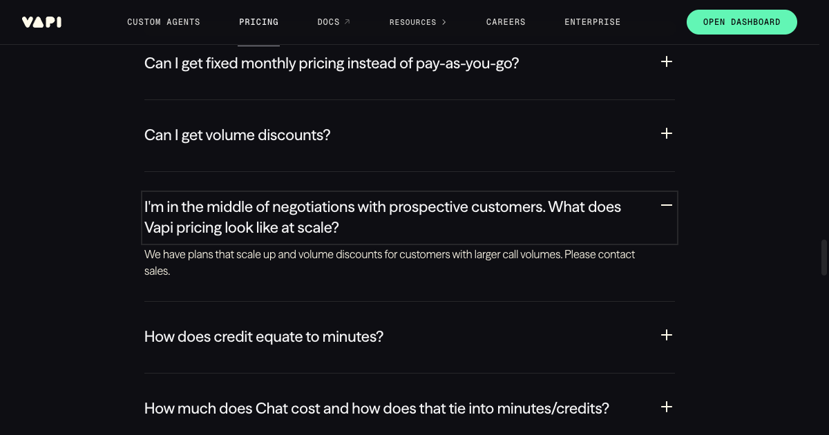 Vapi AI pricing page showing usage-based billing and the $0.05 per minute orchestration rate