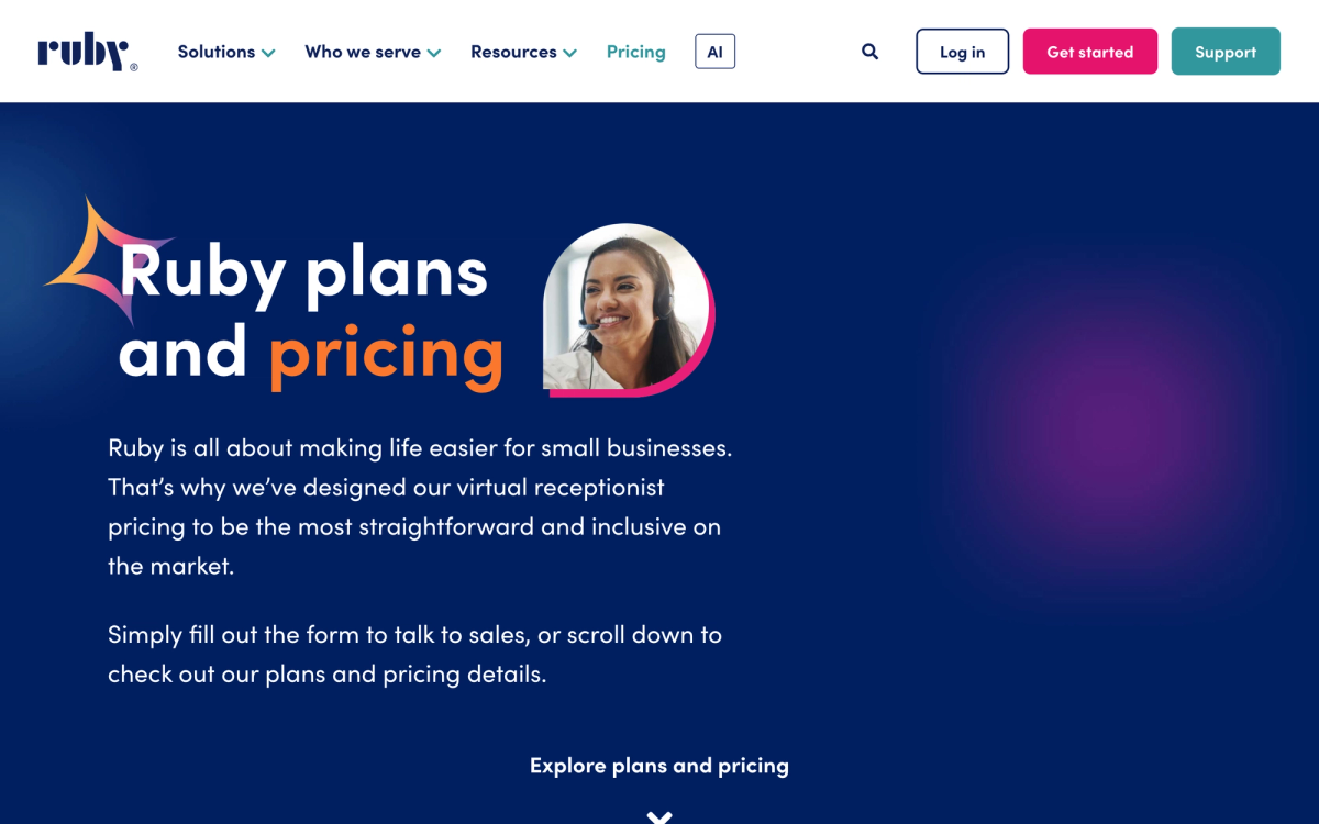 Ruby plans and pricing page stating its virtual receptionist pricing is straightforward and inclusive for small businesses