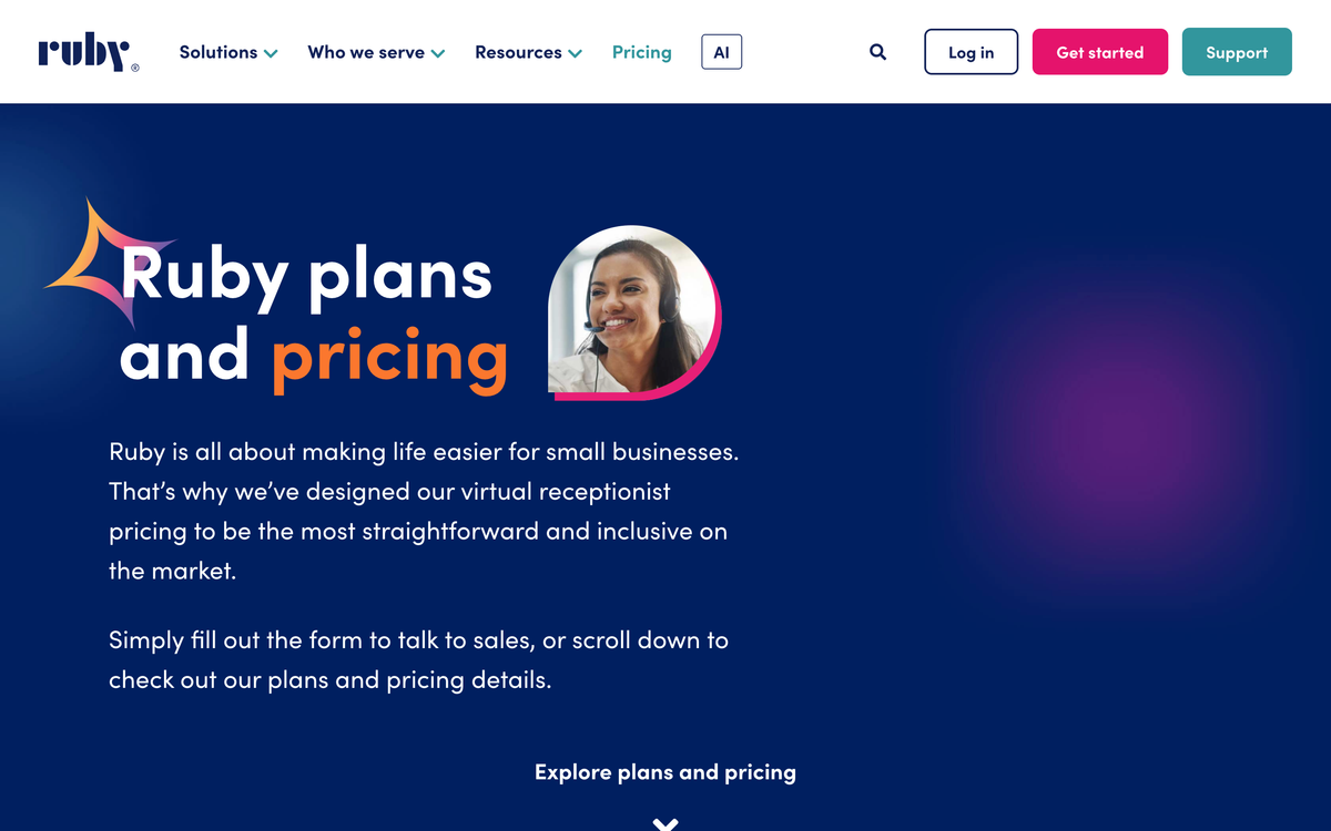 Ruby plans and pricing page stating its virtual receptionist pricing is straightforward and inclusive for small businesses