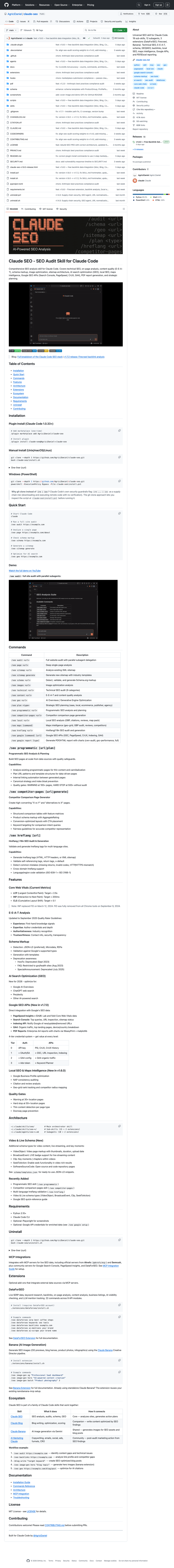 Claude SEO GitHub repository page showing the README with installation instructions and feature overview
