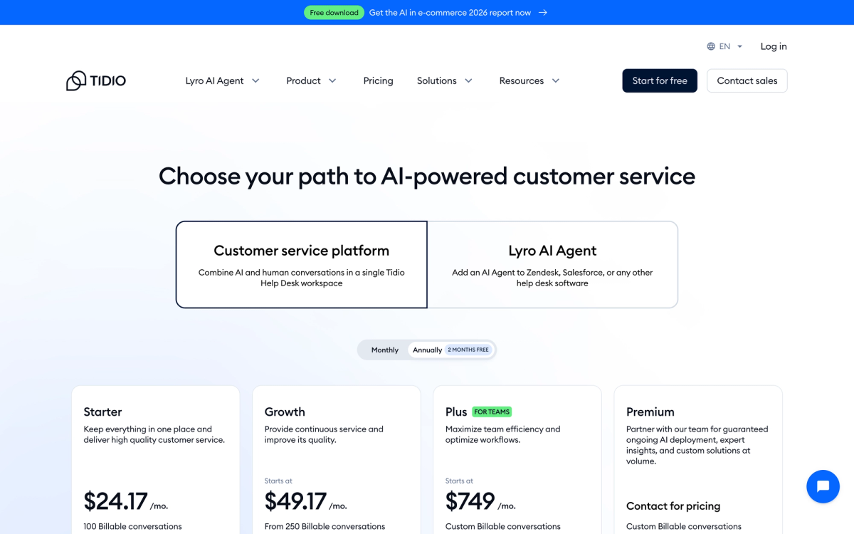 Tidio pricing page showing Starter Growth Plus and Premium plan tiers with conversation-based pricing for 2026