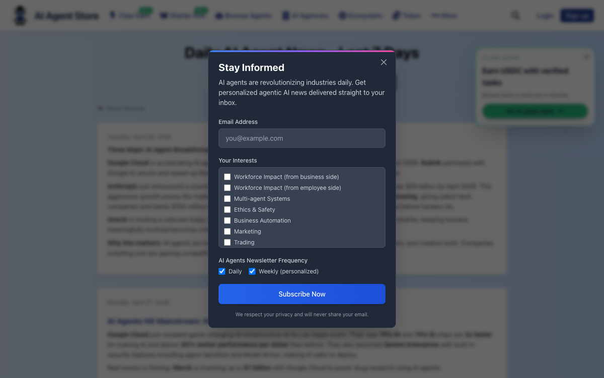 AI Agent Store weekly news roundup page listing recent agent releases and updates
