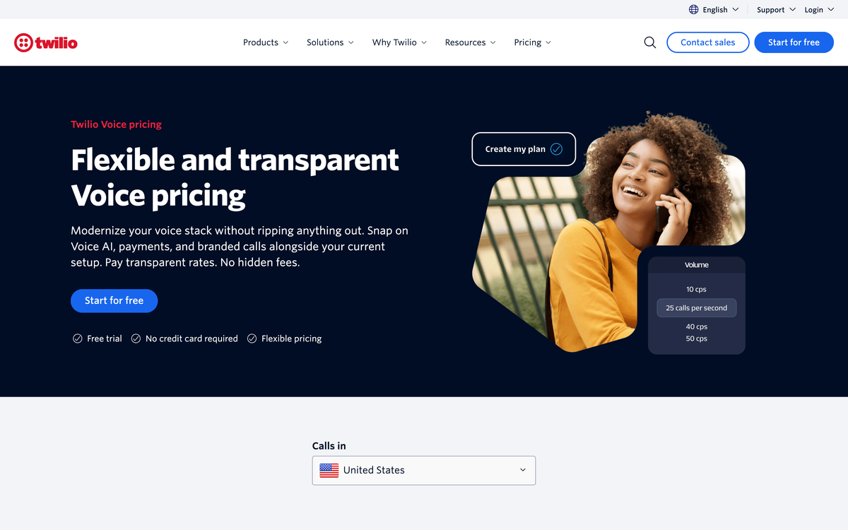 Twilio Voice pricing page for the United States showing flexible and transparent voice pricing with a country selector