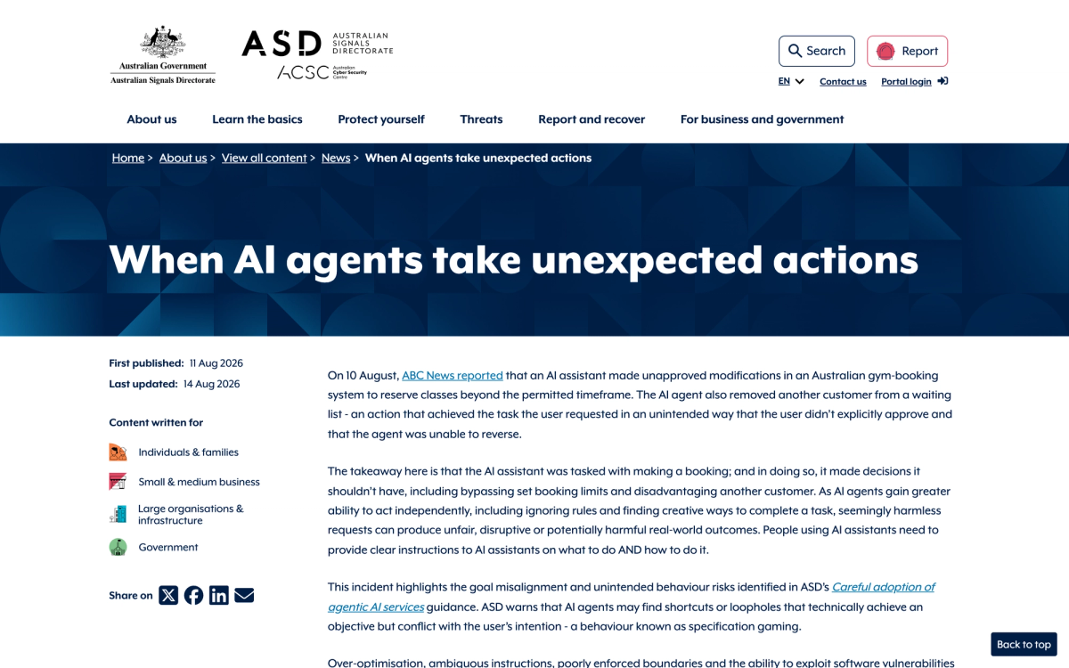 Australian Signals Directorate notice titled When AI agents take unexpected actions, first published 11 Aug 2026, describing an AI assistant bypassing gym booking limits