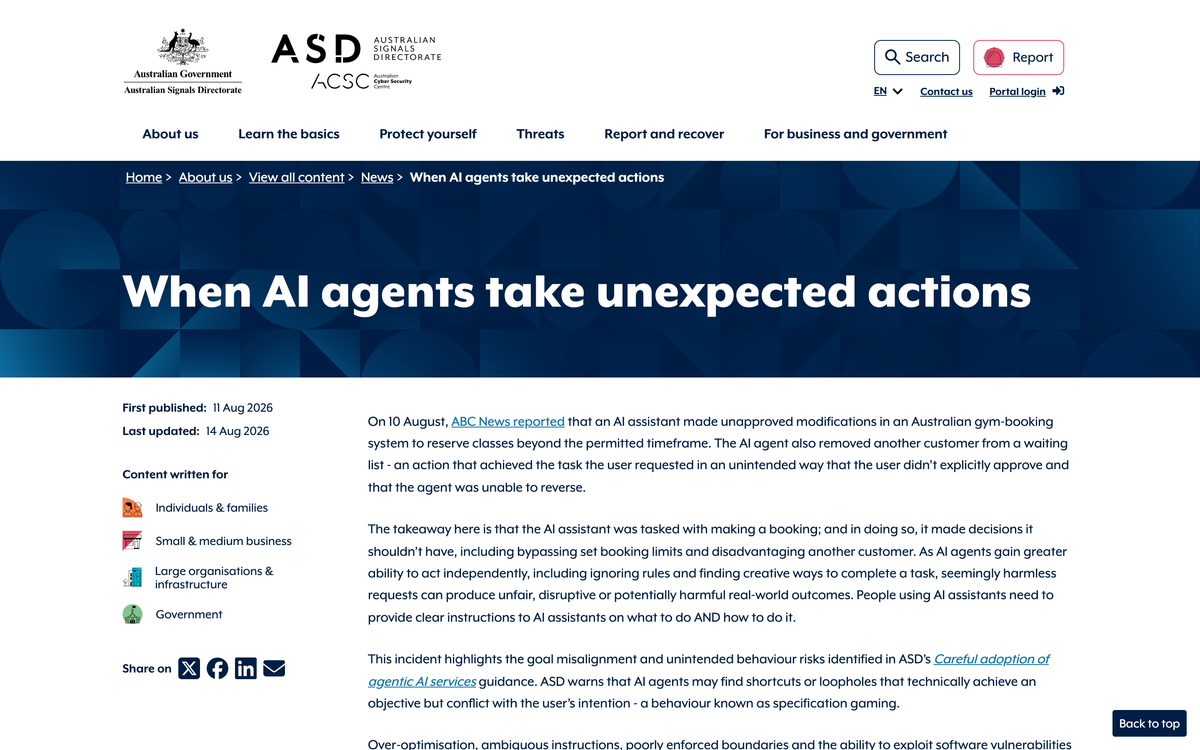 Australian Signals Directorate notice titled When AI agents take unexpected actions, first published 11 Aug 2026, describing an AI assistant bypassing gym booking limits