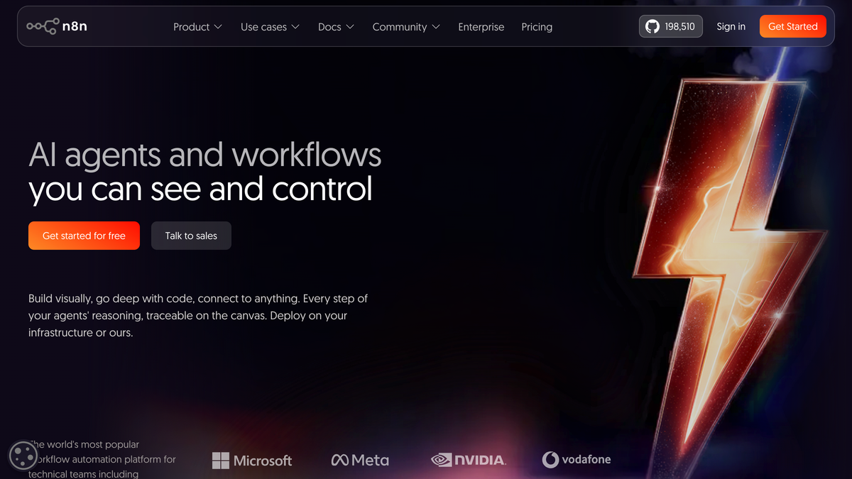 n8n homepage showing AI agents and workflows you can see and control with a Get started for free button