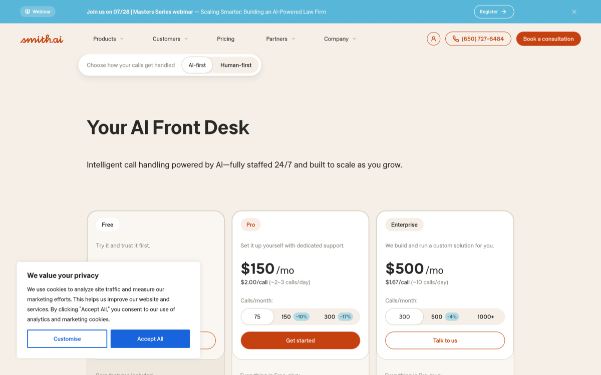 Smith.ai AI receptionist pricing page showing Pro at $150 per month at $2.00 per call and Enterprise at $500 per month at $1.67 per call with call volume selectors