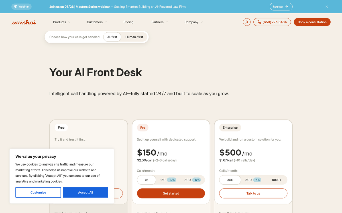Smith.ai AI receptionist pricing page showing Pro at $150 per month at $2.00 per call and Enterprise at $500 per month at $1.67 per call with call volume selectors