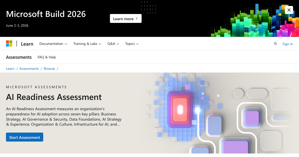 Microsoft AI Readiness Assessment covering 7 pillars including AI governance, data foundations, and infrastructure