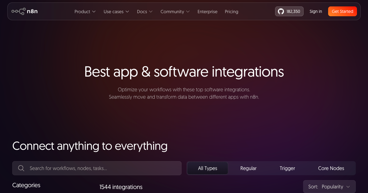 n8n integrations directory showing hundreds of automation nodes and AI agent connectors