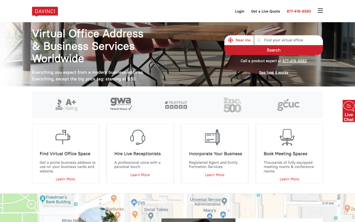 Davinci Virtual homepage showing live receptionist services starting at $129 per month