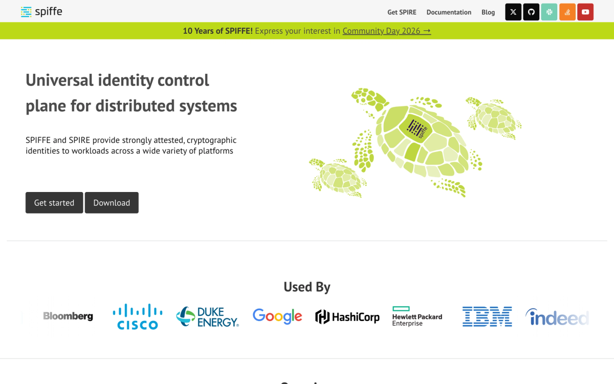 SPIFFE project homepage describing a universal identity control plane that gives cryptographic identities to distributed workloads