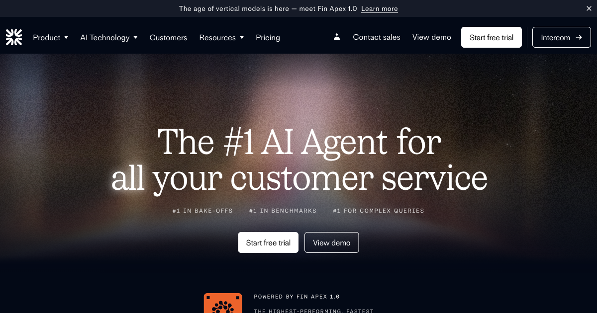 Intercom Fin AI agent homepage showing autonomous customer service resolution capabilities