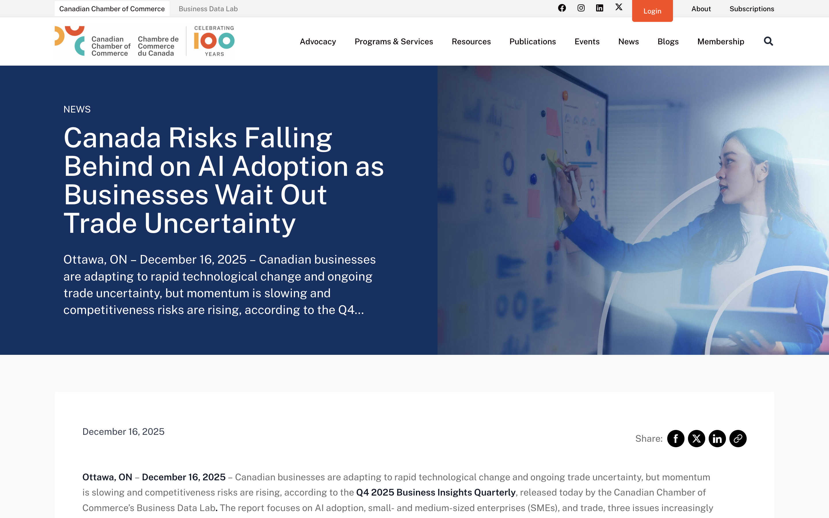 Canadian Chamber of Commerce Q4 2025 Business Insights Quarterly report on Canada risks falling behind on AI adoption