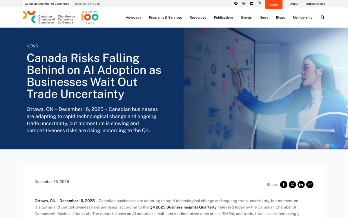 Canadian Chamber of Commerce Q4 2025 Business Insights Quarterly report on Canada risks falling behind on AI adoption