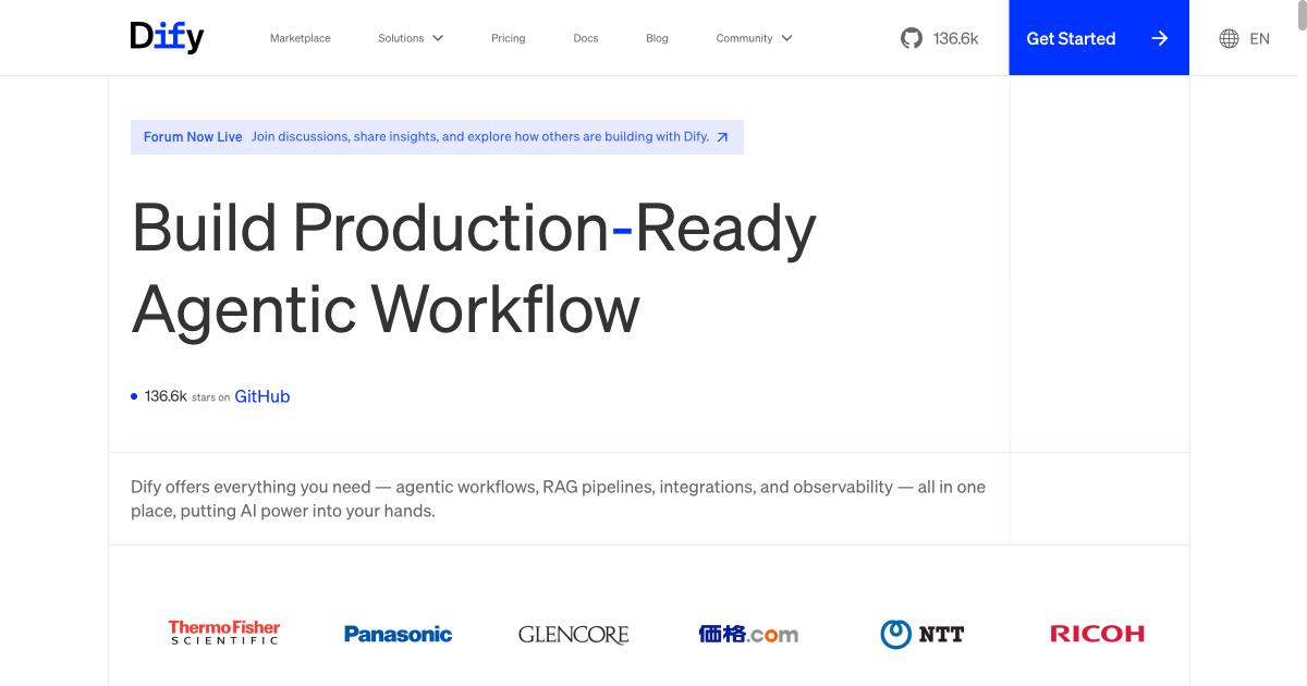 Dify AI platform homepage showing the LLMOps platform for building and managing AI applications