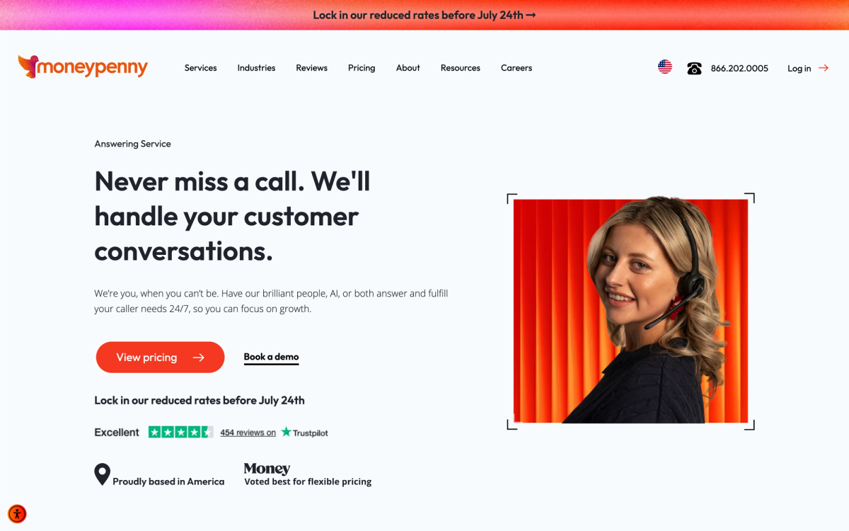 Moneypenny homepage with the headline never miss a call and a Trustpilot excellent rating for its answering service