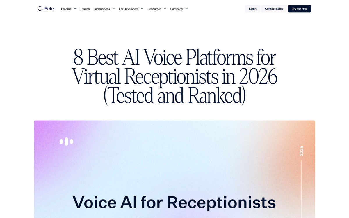 Retell AI blog comparing best AI voice platforms for virtual receptionists, showing per-minute pricing for healthcare deployments