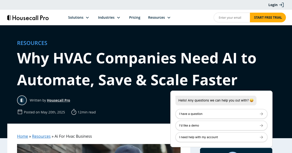 Housecall Pro AI tools dashboard showing AI scheduling, invoicing, and customer communication features for HVAC businesses