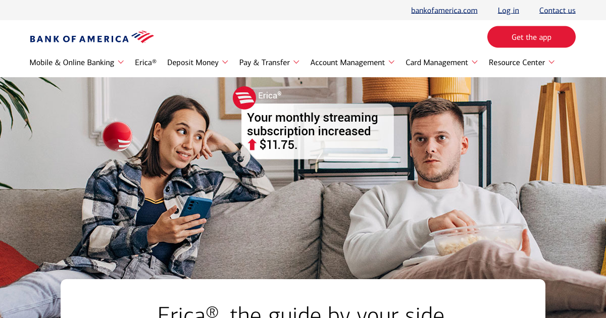 Bank of America's Erica AI chatbot landing page showing how the virtual financial assistant works for personal banking clients