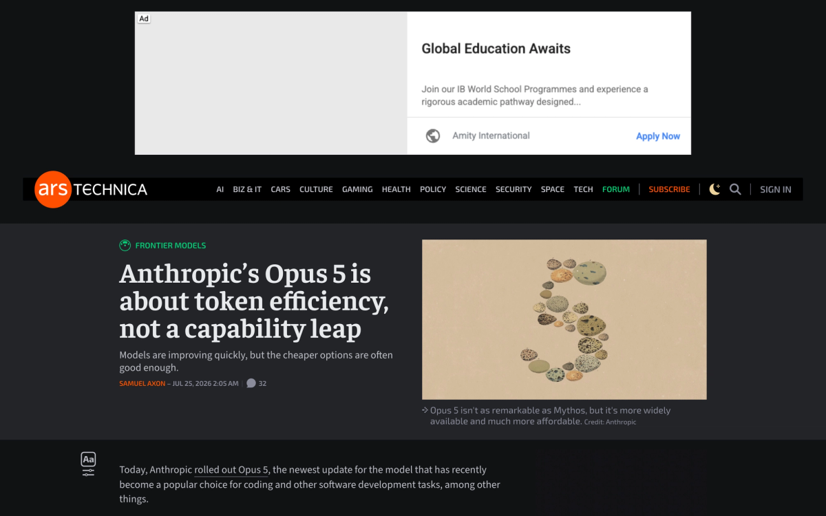 Ars Technica headline reading Anthropic's Opus 5 is about token efficiency, not a capability leap