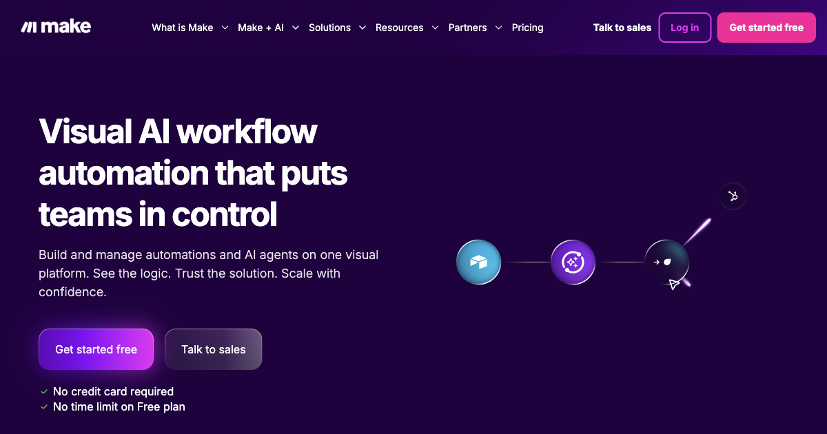 Make.com homepage showing visual AI workflow automation platform for building and managing integrations