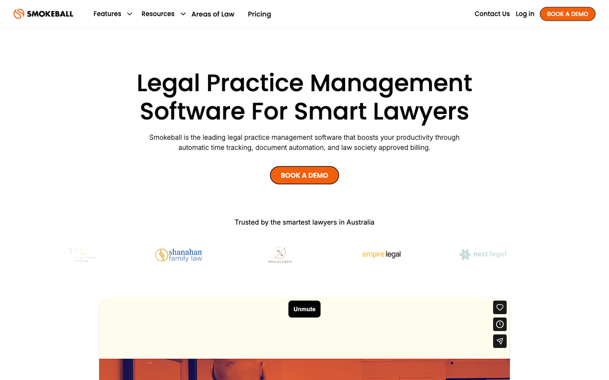 Smokeball Australia website showing Australian legal practice management software with built-in time tracking and document automation that connects to AI receptionists