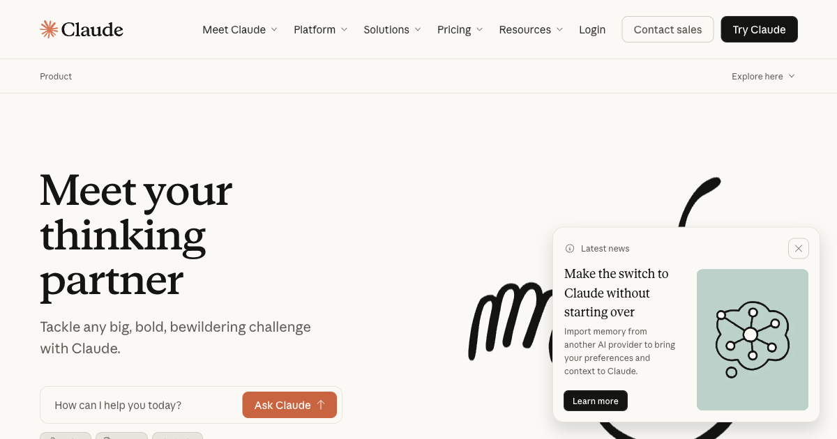 Claude AI product page showing model capabilities for reasoning and computer use