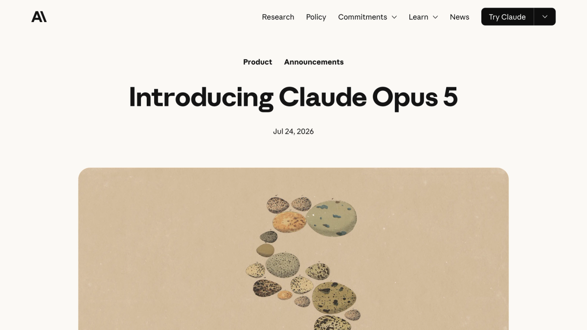Anthropic's Introducing Claude Opus 5 announcement page dated July 24, 2026