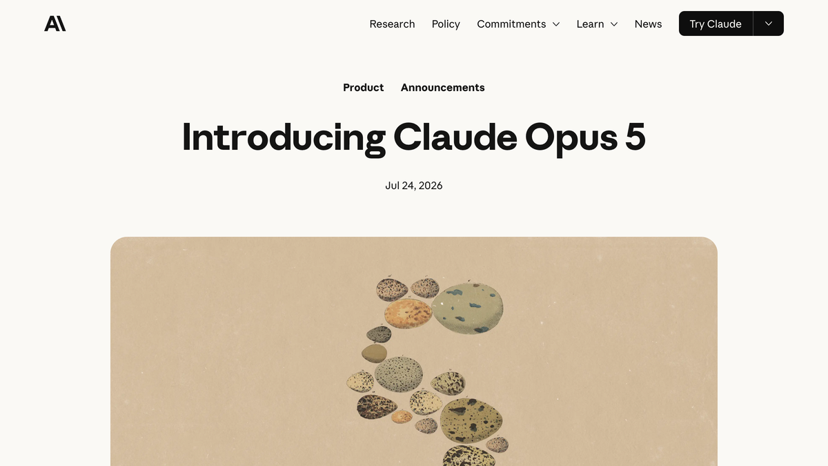 Anthropic's Introducing Claude Opus 5 announcement page dated July 24, 2026