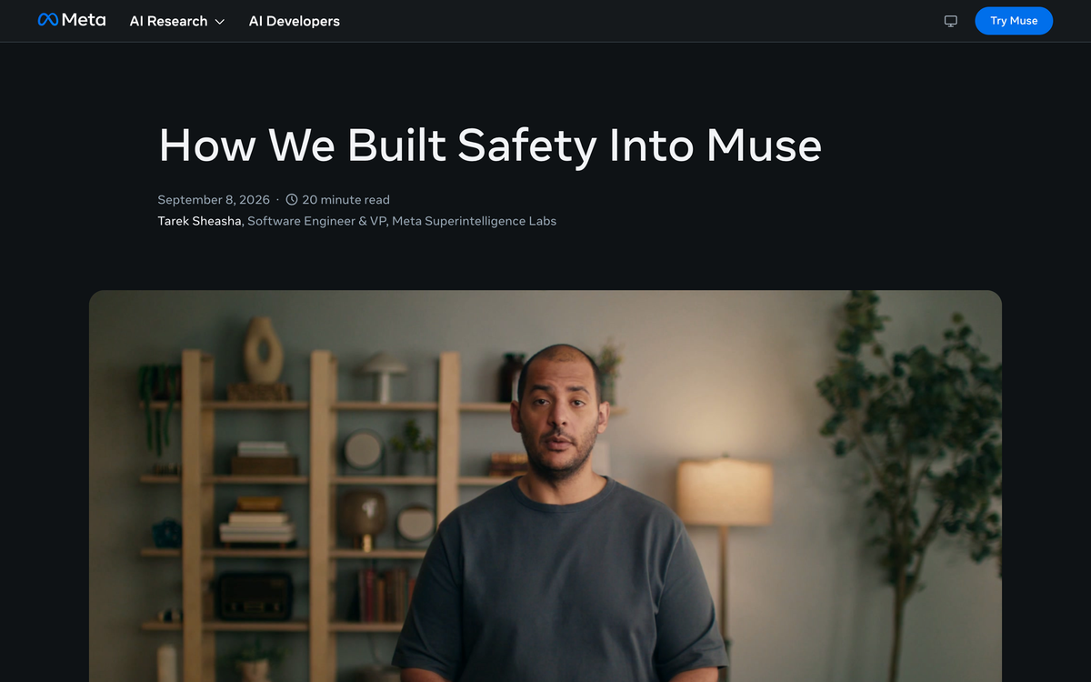 Meta AI Research post titled How We Built Safety Into Muse by Tarek Sheasha, Meta Superintelligence Labs