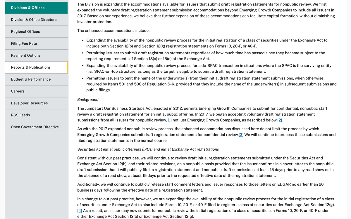 SEC Division of Corporation Finance page stating that issuers must publicly file the registration statement and nonpublic draft submissions at least 15 days prior to any road show