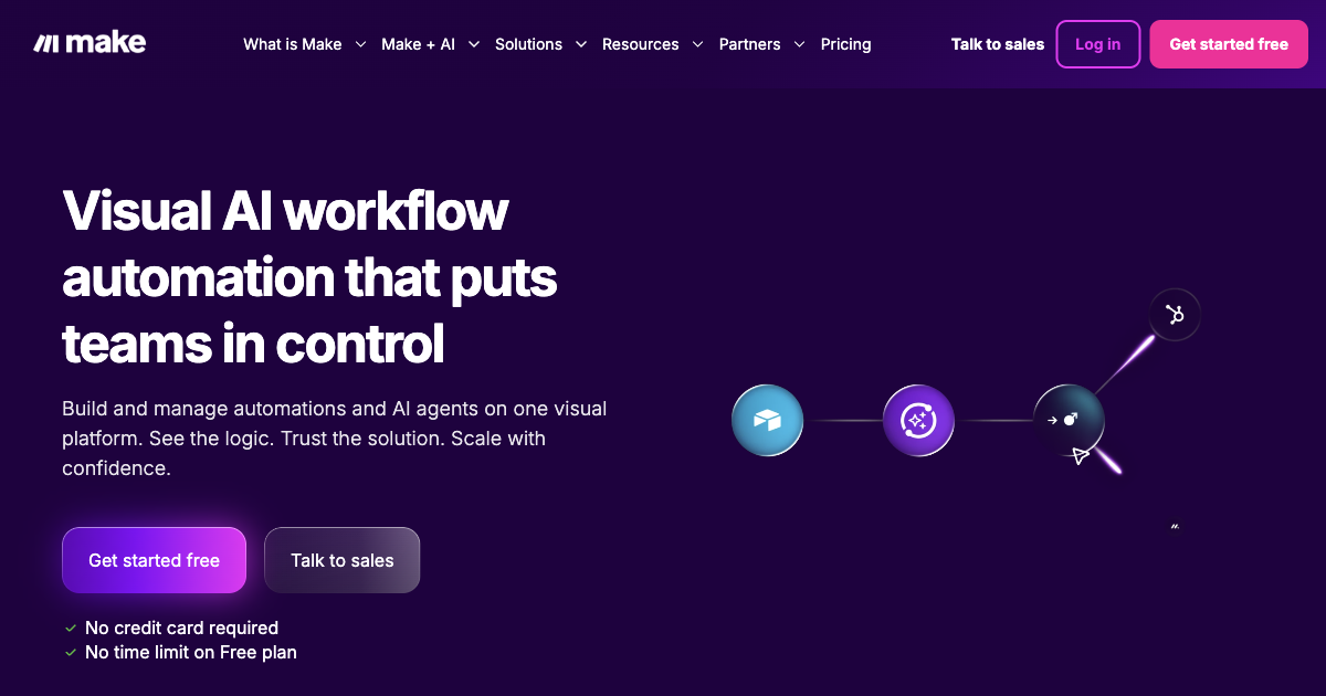 Make.com automation platform homepage showing visual workflow builder for connecting apps and automating business processes