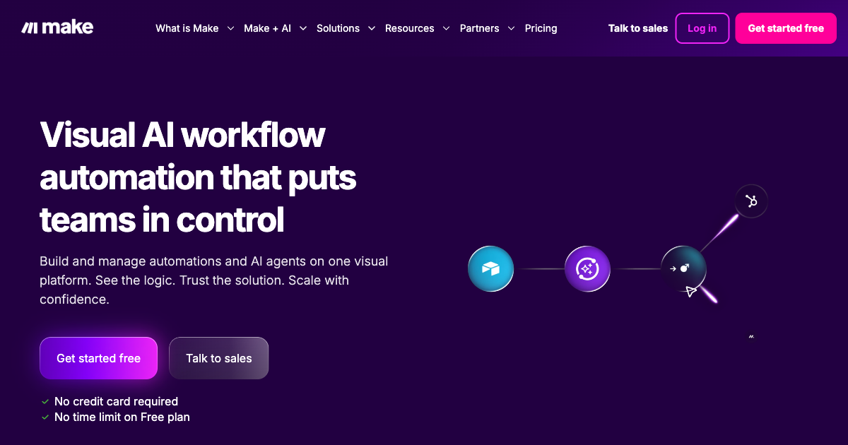 Make.com automation platform homepage showing visual workflow builder for connecting apps and automating business processes