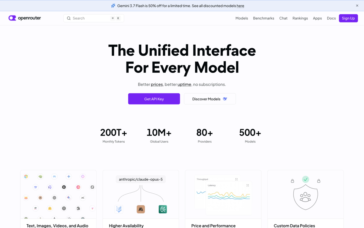 OpenRouter homepage showing the tagline The Unified Interface For Every Model with counters reading 200T+ monthly tokens, 10M+ global users, 80+ providers and 500+ models