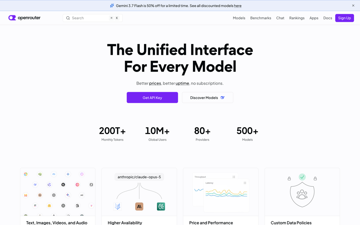OpenRouter homepage showing the tagline The Unified Interface For Every Model with counters reading 200T+ monthly tokens, 10M+ global users, 80+ providers and 500+ models