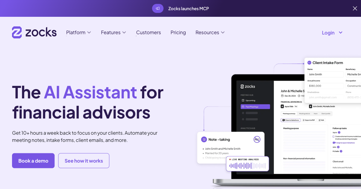 Zocks AI meeting assistant homepage showing compliance-ready meeting notes for financial advisors