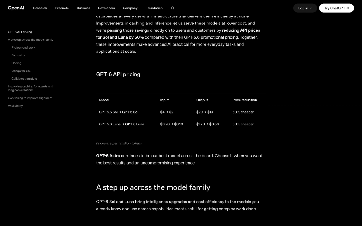 OpenAI GPT-6 API pricing table showing GPT-6 Sol at $2 input and $10 output and GPT-6 Luna at $0.10 input and $0.50 output per million tokens